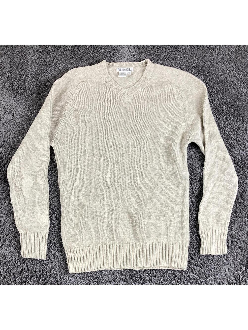 WinterSilks 100% Silk Sweater Mens Cream V-Neck Shaker Knit Vintage Sz Small